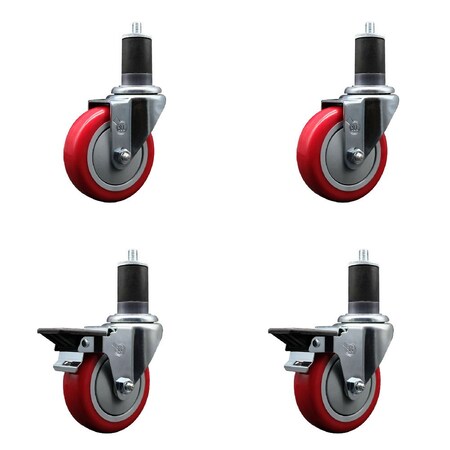 Service Caster 4'' Red Poly Wheel Swivel 1-5/8'' Expanding Stem Caster Set 2 Brakes, 4PK SCC-EX20S414-PPUB-RED-2-PLB-2-158
